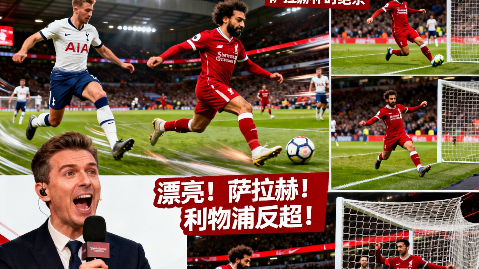 利物浦4-3热刺全场比赛集锦，萨拉赫补时绝杀，包含多个进球回放和激情解说