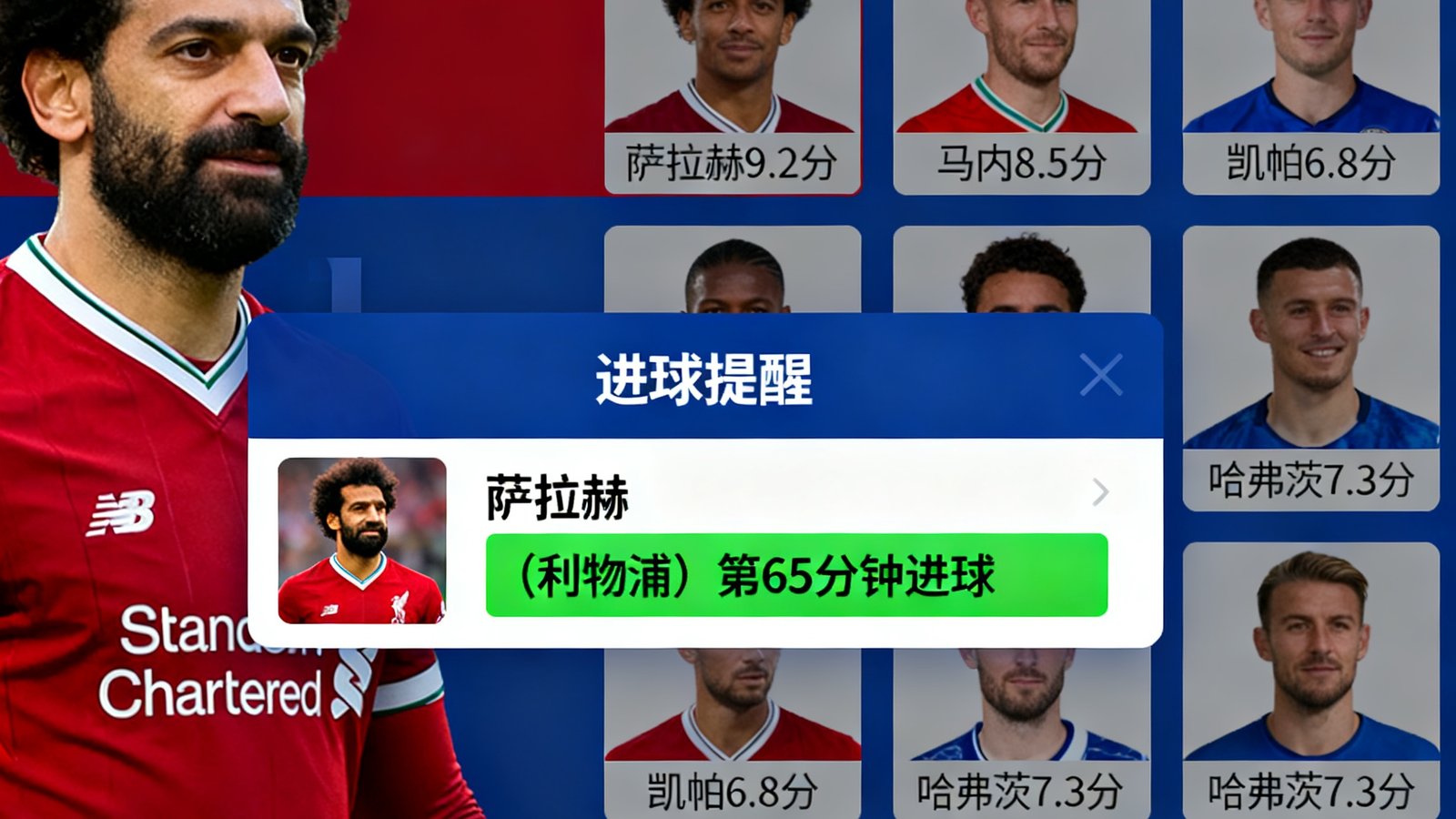 24直播网实时比分界面显示利物浦3-2切尔西，并有进球弹窗提醒和球员评分